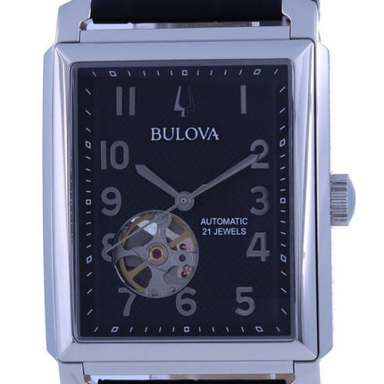 Bulova Sutton Open Heart Schwarzes Zifferblatt Lederarmband Automatik 96A269 Herrenuhr