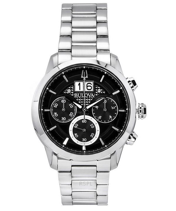 Bulova Sutton Big Date Chronograph Edelstahl schwarzes Zifferblatt Quarz 96B319 Herrenuhr