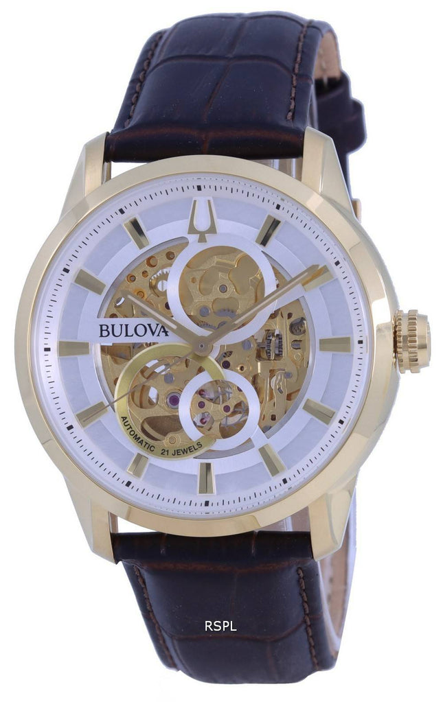 Bulova Classic Sutton Skeleton weiÃŸes Zifferblatt Lederarmband Automatik 97A138 Herrenuhr