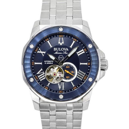 Bulova Marine Star Edelstahl Open Heart blaues Zifferblatt Automatik 21 Juwelen 98A302 200M Herrenuhr