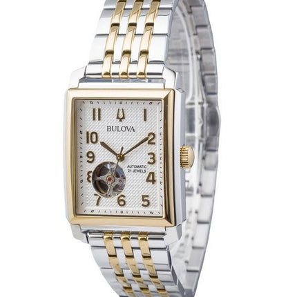 Bulova Sutton Zweifarbige Edelstahl Open Heart Silbernes Zifferblatt Automatik 98A308 Herrenuhr