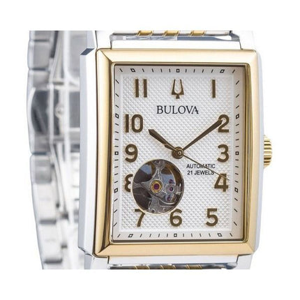 Bulova Sutton Zweifarbige Edelstahl Open Heart Silbernes Zifferblatt Automatik 98A308 Herrenuhr