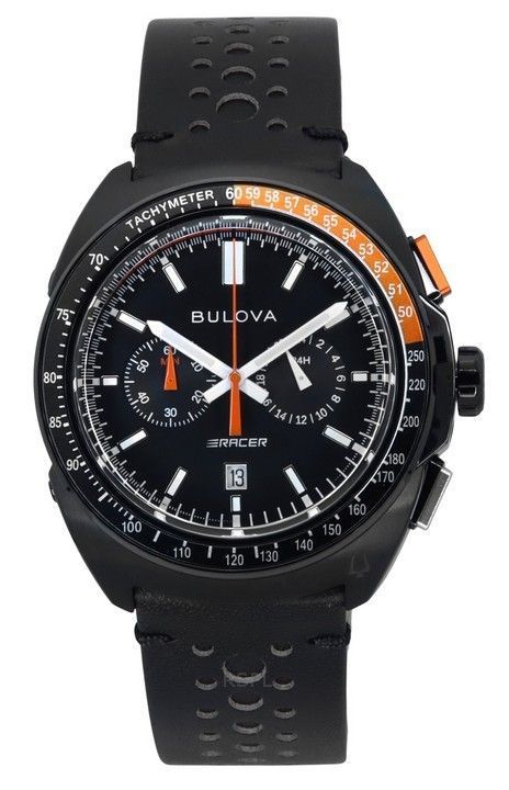 Bulova Racer Chronograph Lederarmband schwarzes Zifferblatt Quarz 98B428 100M Herrenuhr