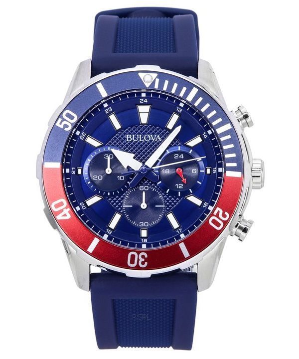 Bulova Sport-Chronograph, Silikonarmband, blaues Zifferblatt, Quarz, 98K111, 100 m, Herrenuhr mit Geschenkset