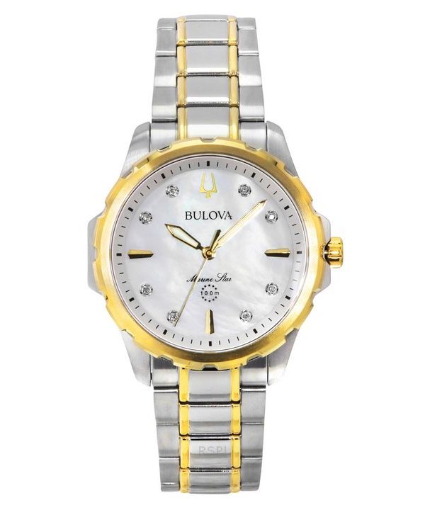 Bulova Marine Star zweifarbige Edelstahl-Diamant-Akzente Perlmutt-Zifferblatt Quarz 98P227 100M Damenuhr