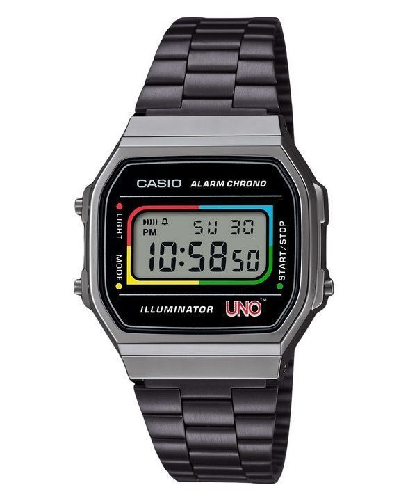 Casio Vintage Digital UNO Collaboration Modell Edelstahlarmband Quarz A168WEUC-1A Unisex Uhr