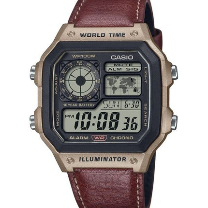 Casio Standard Digital World Time Lederarmband Quarz AE-1200WHL-5AV 100M Herrenuhr