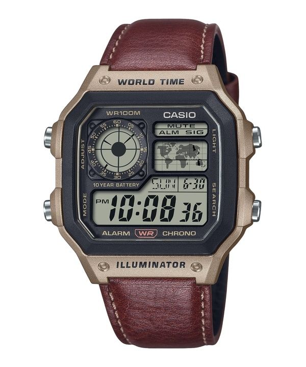 Casio Standard Digital World Time Lederarmband Quarz AE-1200WHL-5AV 100M Herrenuhr