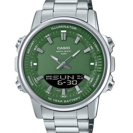 Casio Analog-Digital-Edelstahl-Quarzuhr mit grünem Zifferblatt AMW-880D-3AV für Herren