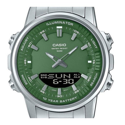 Casio Analog-Digital-Edelstahl-Quarzuhr mit grünem Zifferblatt AMW-880D-3AV für Herren