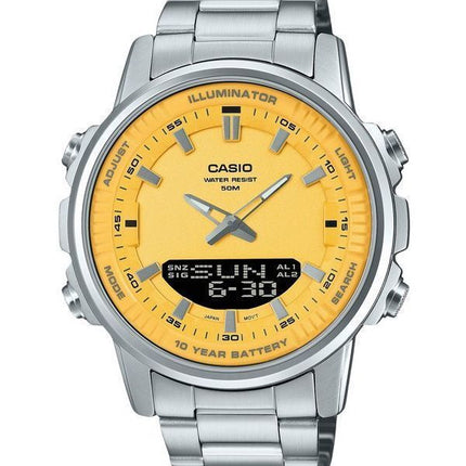 Casio Analog-Digital-Kombination, Edelstahl, gelbes Zifferblatt, Quarz, AMW-880D-9AV, Herrenuhr