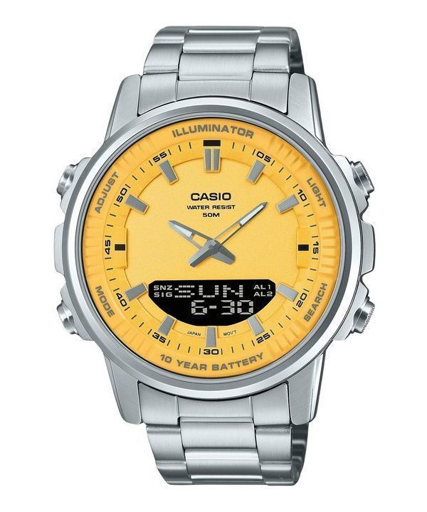 Casio Analog-Digital-Kombination, Edelstahl, gelbes Zifferblatt, Quarz, AMW-880D-9AV, Herrenuhr