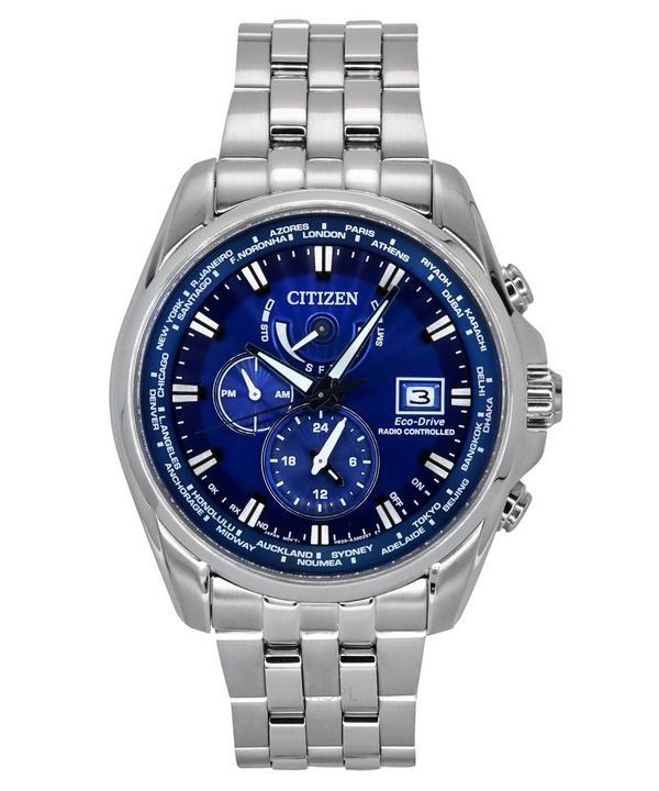 Citizen Eco-Drive Perpetual Calendar GMT Chronograph Edelstahl Blaues Zifferblatt Taucheruhr AT9120-89L 200M Herrenuhr