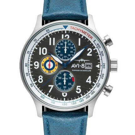 AVI-8 Hawker Hurricane Classic Chronograph Wimpel blaues Lederarmband graues Zifferblatt AV-4011-0F Herrenuhr