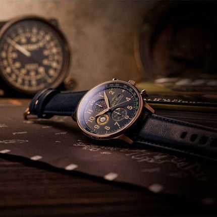 AVI-8 Hawker Hurricane Classic Chronograph Regent blaues Lederarmband blaues Zifferblatt Quarz AV-4011-0Q Herrenuhr