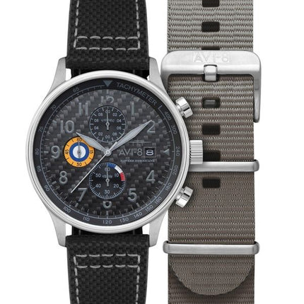 AVI-8 Hawker Hurricane Classic Chronograph Carbonfaser schwarzes Zifferblatt Quarz AV-4011-0W Herrenuhr mit extra Armband