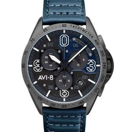 AVI-8 P-51 Mustang Blakeslee Chronograph Air Blaues Lederarmband Graues und blaues Zifferblatt Quarz AV-4077-04 Herrenuhr