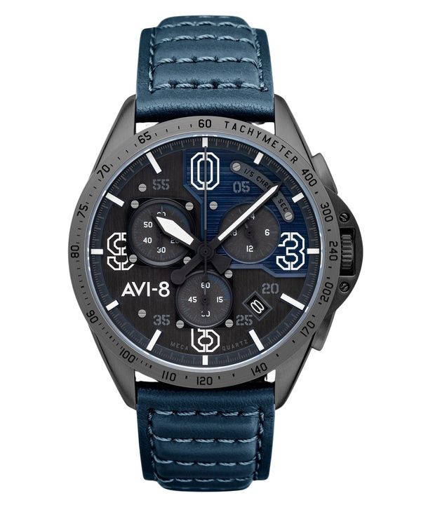 AVI-8 P-51 Mustang Blakeslee Chronograph Air Blaues Lederarmband Graues und blaues Zifferblatt Quarz AV-4077-04 Herrenuhr