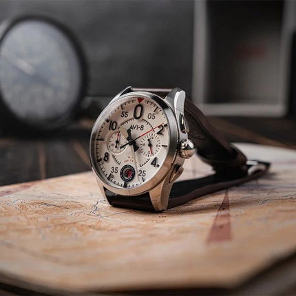 AVI-8 Spitfire Lock Chronograph Flugzeug weißes Zifferblatt Quarz AV-4089-05 Herrenuhr