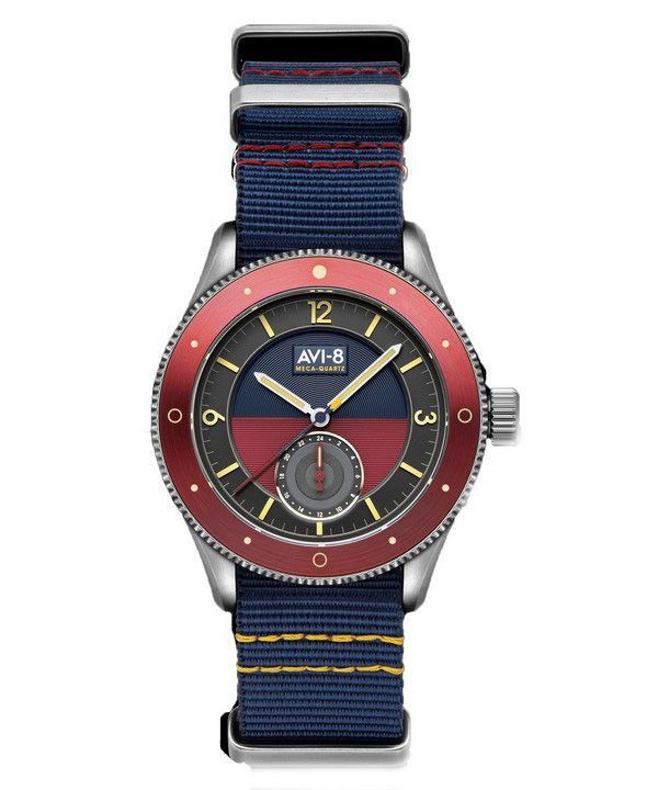 AVI-8 Flyboy Airmaster Sector Meca-Quartz Marineblaues und rotes Zifferblatt AV-4112-04 Herrenuhr