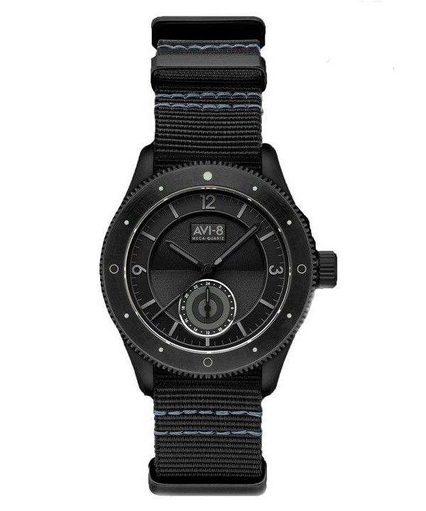 AVI-8 Flyboy Airmaster Sector Meca-Quartz Jet Black Nylonarmband Schwarzes Zifferblatt AV-4112-05 Herrenuhr