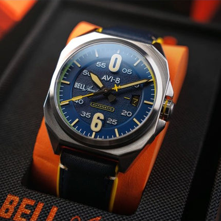 AVI-8 Bell X-1 Machbuster Automatik Catalina Blaues Lederarmband Blaues Zifferblatt AV-4115-03 Herrenuhr