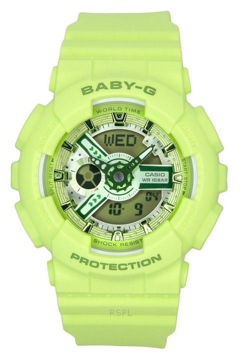 Casio Baby-G Analog-Digital-Armband mit grünem Harzarmband und grünem Zifferblatt, Quarz BA-110YK-3A 100M Damenuhr