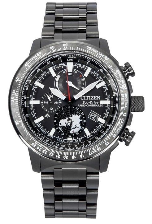 Citizen Promaster Geo Trekker Edelstahl schwarzes Zifferblatt Eco-Drive BY3005-56G 200M Herren-Fliegeruhr