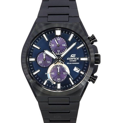 Casio Edifice Analoger Chronograph, schwarz ionenplattierter Edelstahl, blaues Zifferblatt, Solar EQS-950DC-2A 100M Herrenuhr