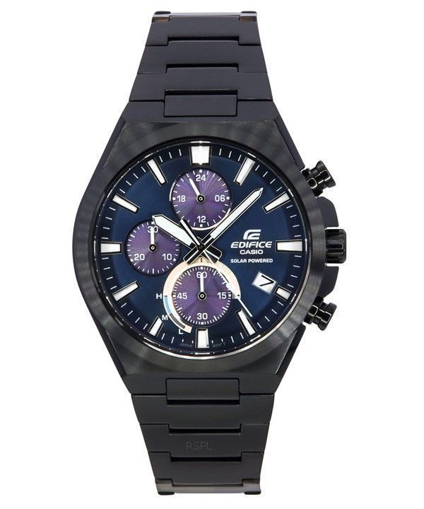 Casio Edifice Analoger Chronograph, schwarz ionenplattierter Edelstahl, blaues Zifferblatt, Solar EQS-950DC-2A 100M Herrenuhr