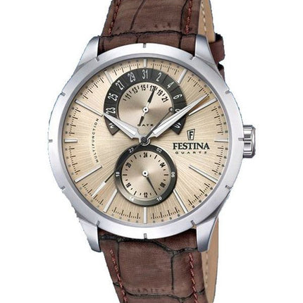 Festina Retro Lederarmband Multifunktions-Beige-Zifferblatt Quarz F16573-9 Herrenuhr