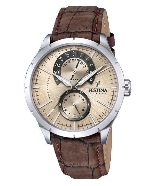 Festina Retro Lederarmband Multifunktions-Beige-Zifferblatt Quarz F16573-9 Herrenuhr