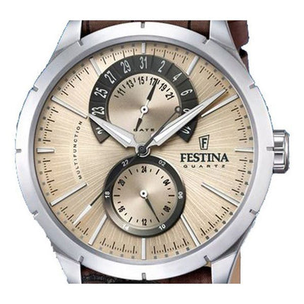 Festina Retro Lederarmband Multifunktions-Beige-Zifferblatt Quarz F16573-9 Herrenuhr