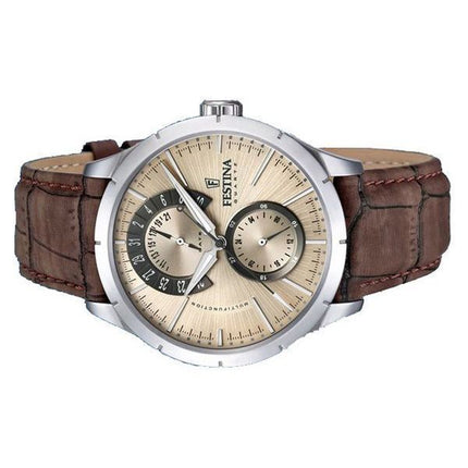 Festina Retro Lederarmband Multifunktions-Beige-Zifferblatt Quarz F16573-9 Herrenuhr