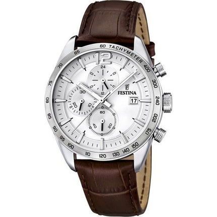 Festina Timeless Chronograph Lederarmband Silbernes Zifferblatt Quarz F16760-1 Herrenuhr