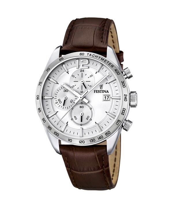 Festina Timeless Chronograph Lederarmband Silbernes Zifferblatt Quarz F16760-1 Herrenuhr