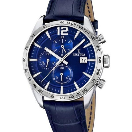 Festina Timeless Chronograph Lederarmband Blaues Zifferblatt Quarz F16760-3 Herrenuhr