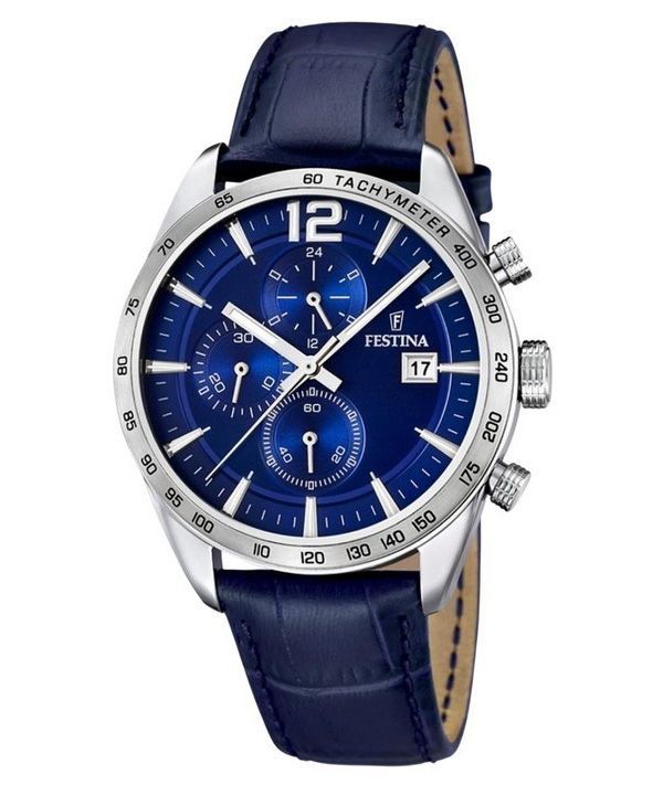 Festina Timeless Chronograph Lederarmband Blaues Zifferblatt Quarz F16760-3 Herrenuhr