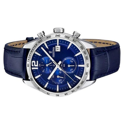 Festina Timeless Chronograph Lederarmband Blaues Zifferblatt Quarz F16760-3 Herrenuhr