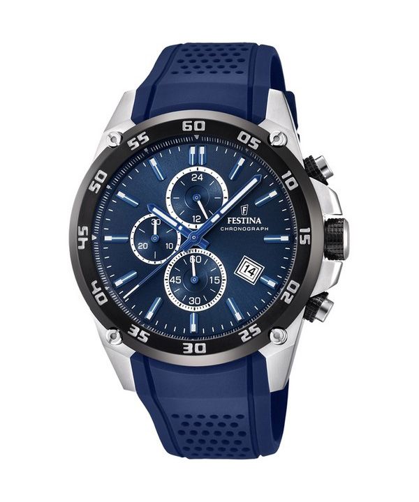 Festina The Originals Chronograph, Kautschukarmband, blaues Zifferblatt, Quarz, F20330-2, 100 m, Herrenuhr