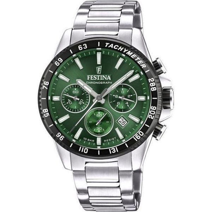 Festina Timeless Chronograph Edelstahl grünes Zifferblatt Quarz F20560-4 100M Herrenuhr