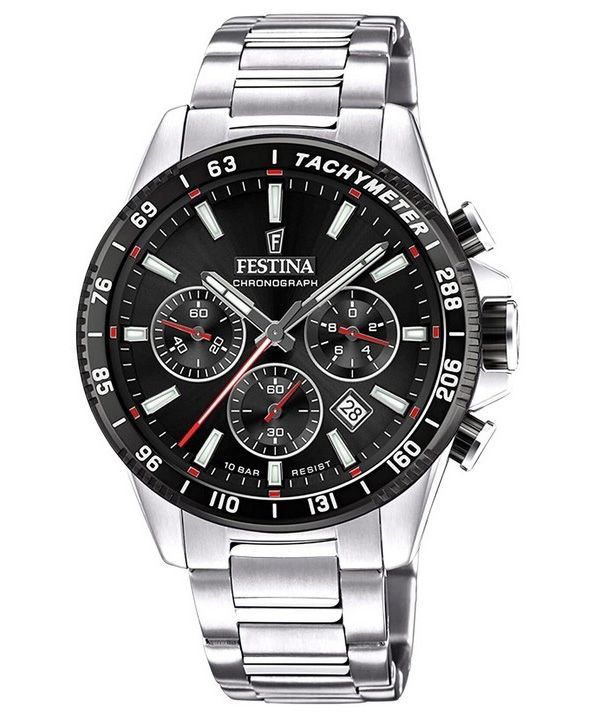 Festina Timeless Chronograph Edelstahl schwarzes Zifferblatt Quarz F20560-6 100M Herrenuhr