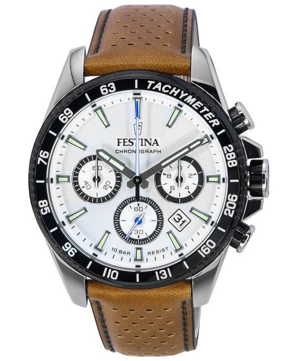 Festina Timeless Chronograph Lederarmband weißes Zifferblatt F20561-1 F205611 100M Herrenuhr