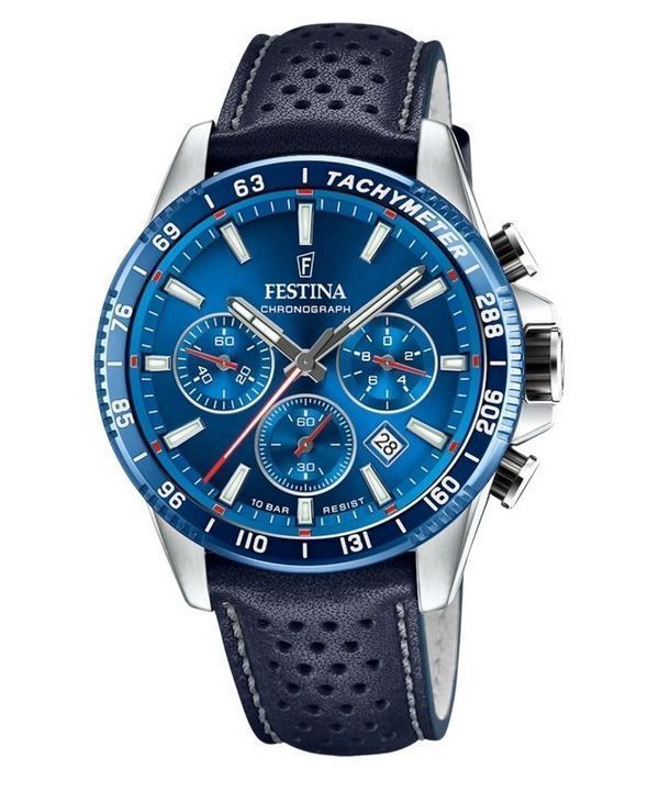 Festina Timeless Chronograph Lederarmband blaues Zifferblatt Quarz F20561-3 100M Herrenuhr