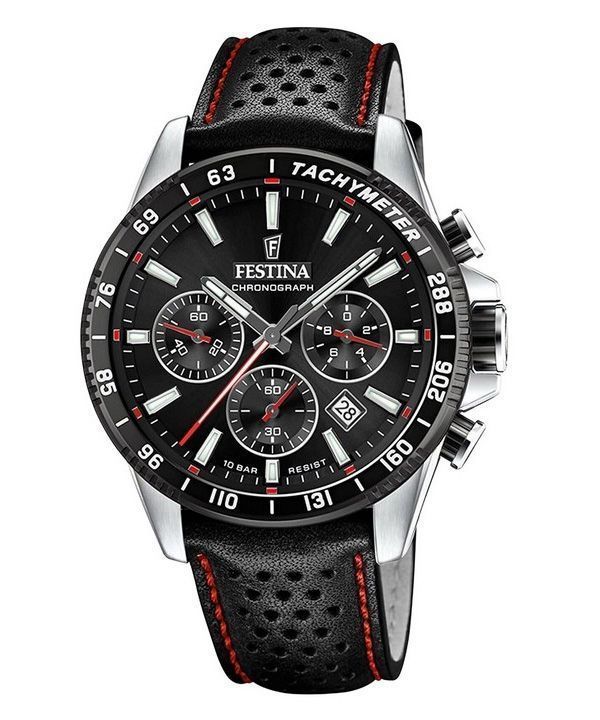 Festina Timeless Chronograph Lederarmband schwarzes Zifferblatt Quarz F20561-4 100M Herrenuhr