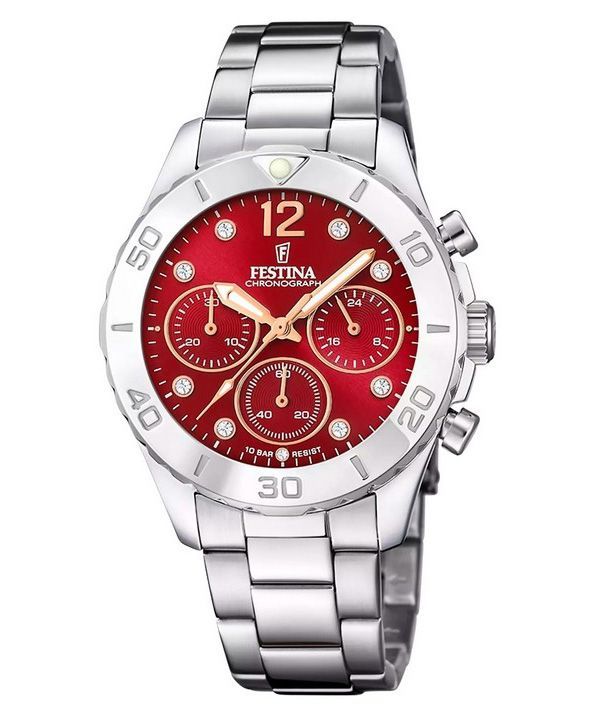 Festina Boyfriend Chronograph Edelstahl Rotes Zifferblatt Quarz F20603-2 100M Damenuhr