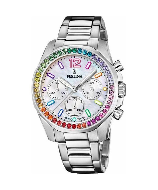 Festina Rainbow Chronograph, Edelstahl, Kristallakzente, silbernes Zifferblatt, Quarz, F20606-2, 100 m, Damenuhr