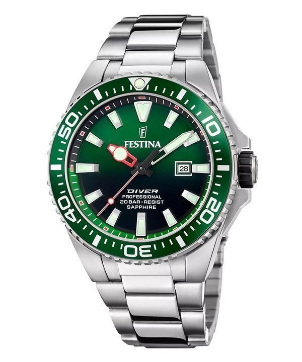 Festina The Originals Edelstahl grünes Zifferblatt Quarz Taucheruhr F20663-2 200M Herrenuhr