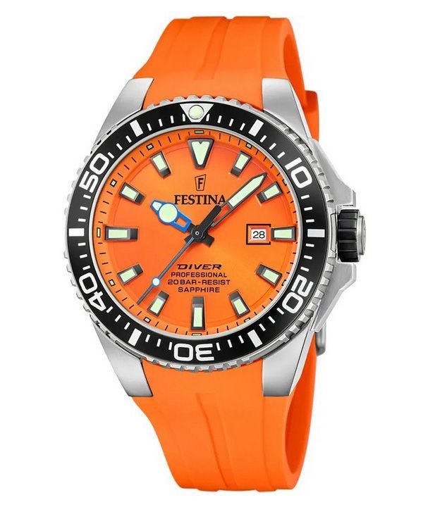 Festina Diver Kautschukarmband, oranges Zifferblatt, Quarz, F20664-4, 200 m, Herrenuhr