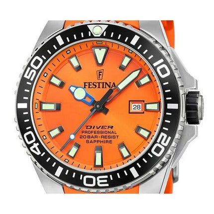 Festina Diver Kautschukarmband, oranges Zifferblatt, Quarz, F20664-4, 200 m, Herrenuhr